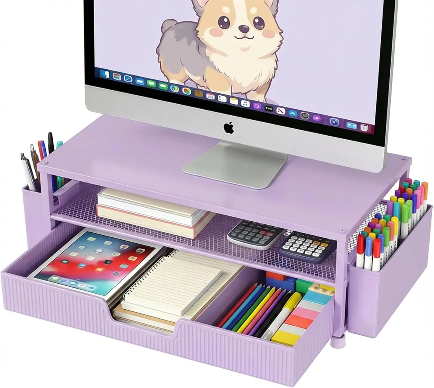 

2-Tier Computer Monitor Stand with Storage Drawer & Pen Holders, Heavy Duty Laptop Riser for Desk Organization, Purple