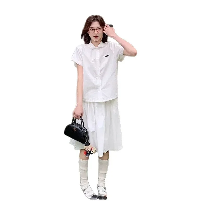 القطن الأبيض قصيرة الأكمام قميص المرأة كلية نمط دمية طوق الدانتيل تقليم مكافحة الشيخوخة مياو سلسلة الصيف أزياء تي شيرت #5