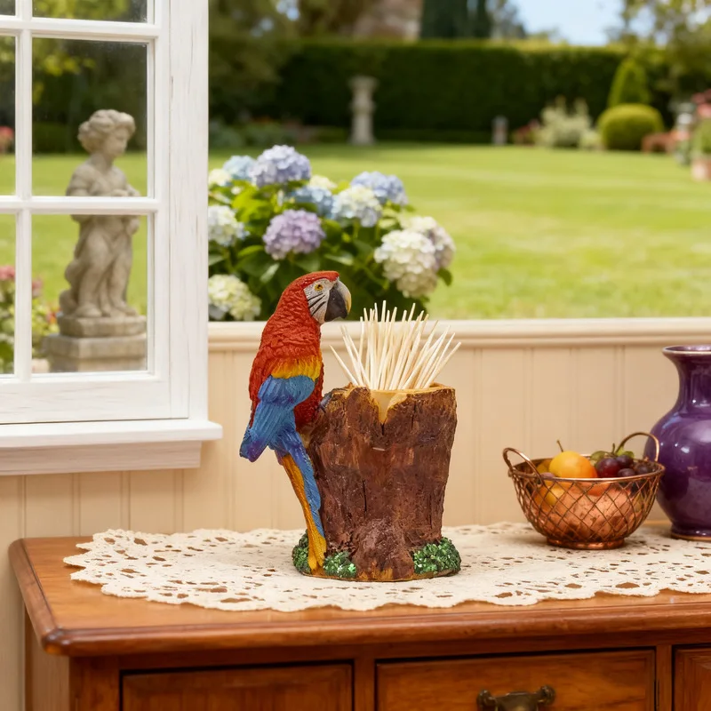 Resin Macaw Figurine, Creative Tree Stump Desktop Toothpick Holder Home Tabletop Decor Gift