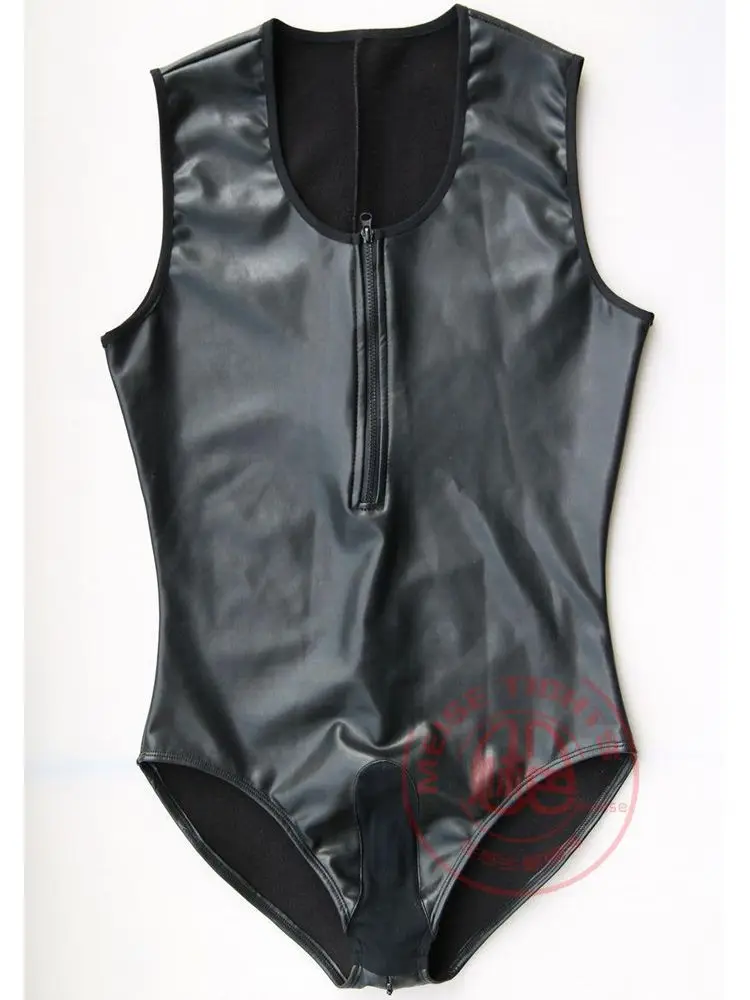 Elastic PU Leather Zipper Open Crotch Bodysuit Men Body Hot Shaper Teddies Fitness Tank Top Sleeveless Bodybuilding Muscle Shirt
