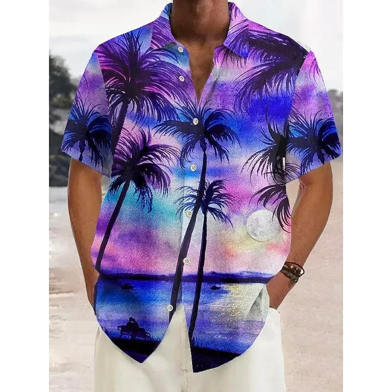 

Hawaiian Shirt for Men Patterned Summer Coconut Tree Lapel Street Casual Short Sleeve Buttons Beach Blue Passionate Handsome