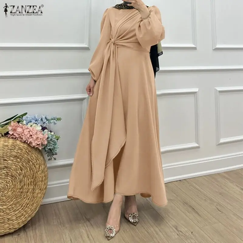 

ZANZEA: Мусульманское скромное модное длинное платье для женщин, многослойное, с запахом, с длинными рукавами, однотонное, исламское платье-хиджаб, роба для женщин