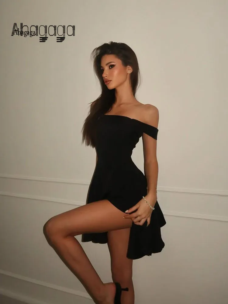 

Ahagaga Fashion Women's Mini Dresses Solid Slash Neck Sleeveles Sheath Bodycon Elegant Pullover Slim Fit Female Vestidos Robes