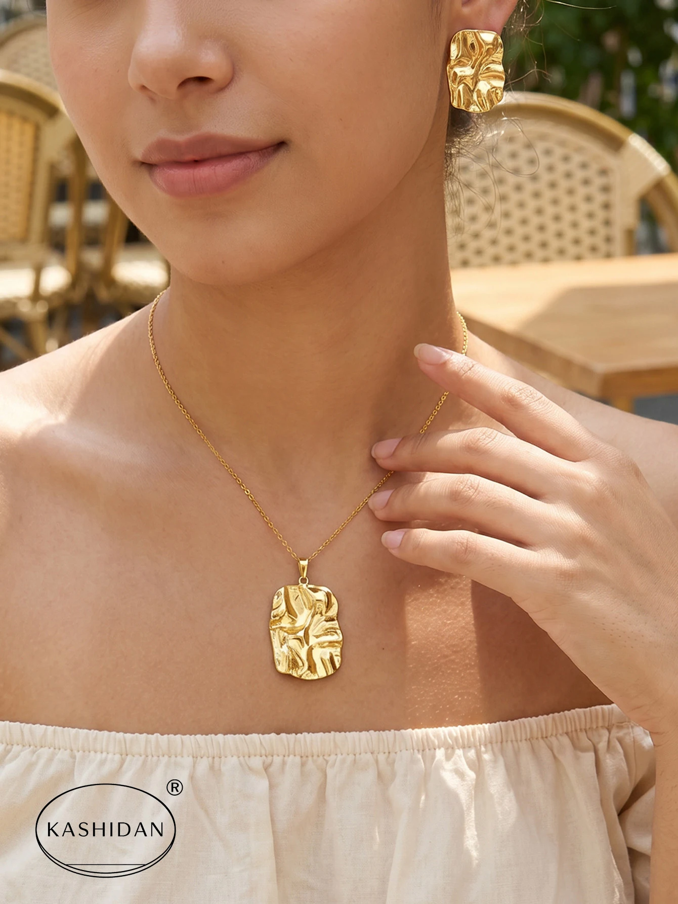 Fashion Stainless Steel Jewelry Set for Women Gold Color Chunky Smooth Irregular Rectangle Plaque Set