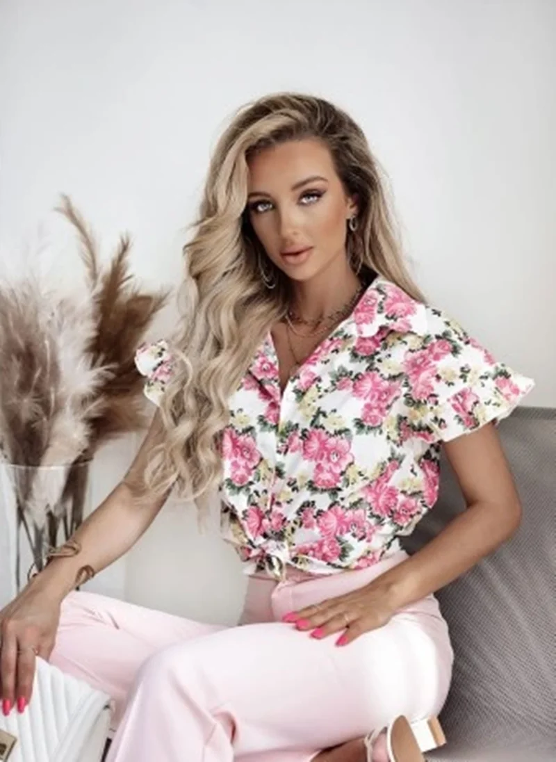 

Summer Commute Women's ort Sve irt Floral Print Single Button Sweet Sle Regular Fit Straight Tube Top