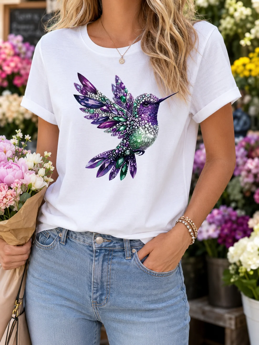 Light Luxury Faux Diamond Hummingbird Flat Print Short-sleeve T-shirt Fashion Harajuku Kawaii T-shirt Women's Y2K Clothing