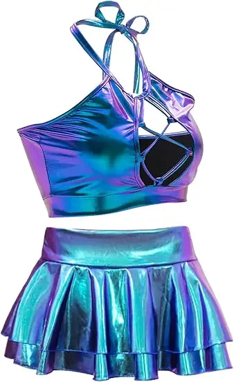 Women's Rave Outfit Sets for Festivals 2 Pcs Metallic Tops Skirt Party Club Holographic Shiny Metallic Costume Stage Cos