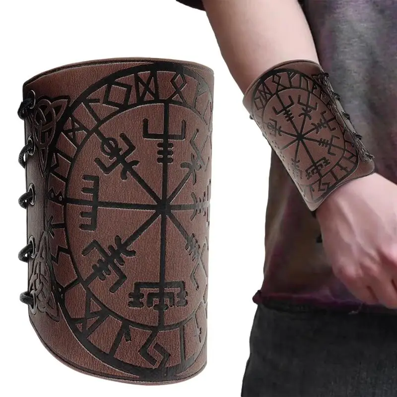 Medieval Leather Bracers Embossed Norse Symbol Faux Leather Arm Cosplay Props Suitable For LARP Fantastic Events Renaissance