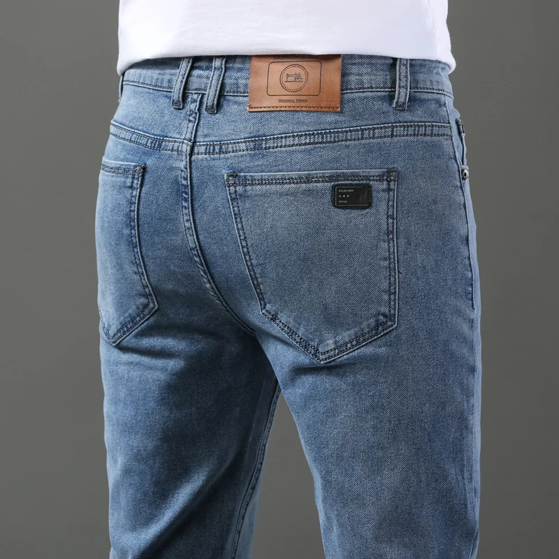 Outono nova marca clássica masculina casual jeans moda coreia em linha reta magro estiramento algodão macio roupas masculinas calças jeans