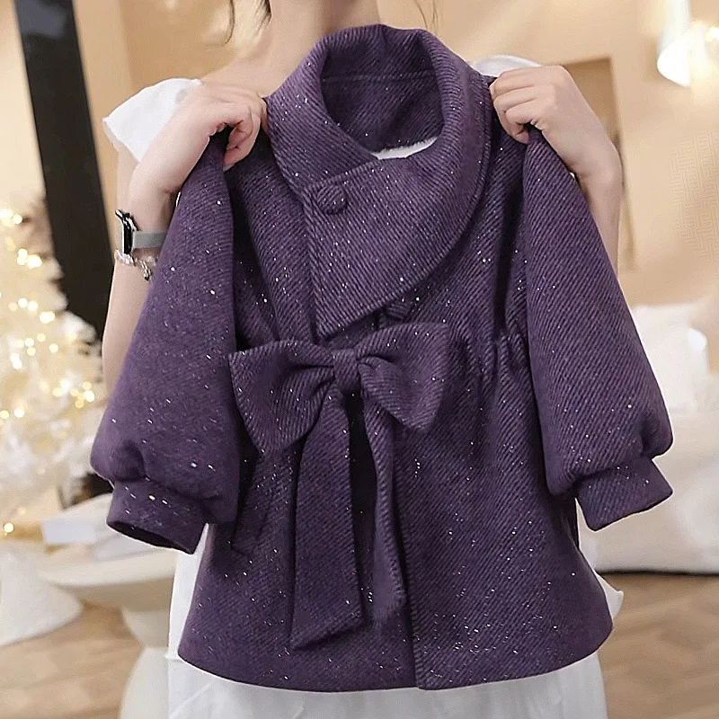 Girls' Wool-Blend Winter Coat – Mid-Length Fleece-Lined Trench for Ages 3–7, Korean-Inspired British Style with Oversized Bow
