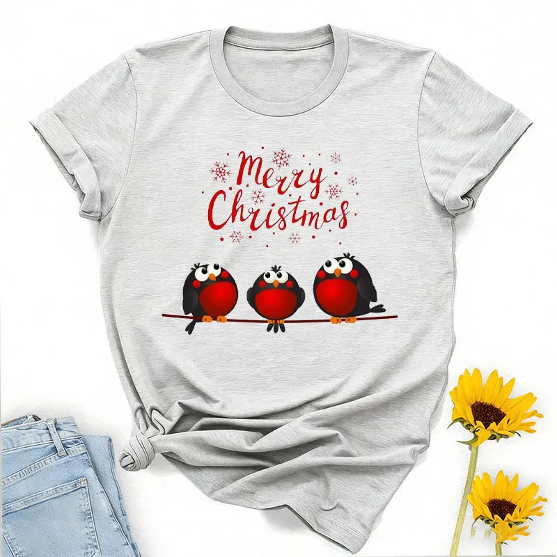 Merry Christmas Three Little Red Robins Sat on A Branch Womens Boyfriend Fit Crewneck High Quality Cotton Graphic T Shirts