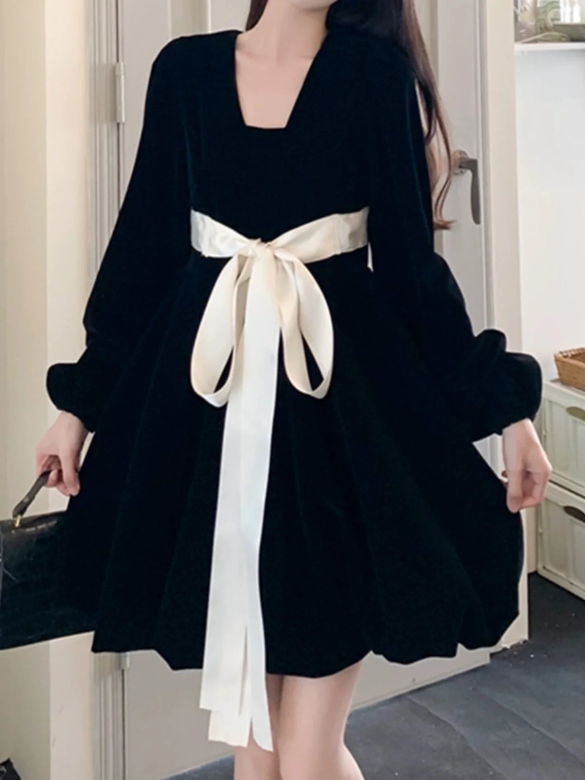 Abito in Velluto con Grande Fiocco e Cintura per Donna, Nuovo Stile Primaverile, Maniche Lunghe, Stile Principessa, Dolce ed Elegante