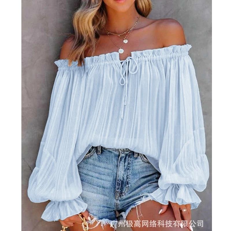 Blusa holgada plisada con cordones para mujer, camisa informal de manga acampanada con hombros descubiertos y cuello oblicuo, Color sólido, novedad