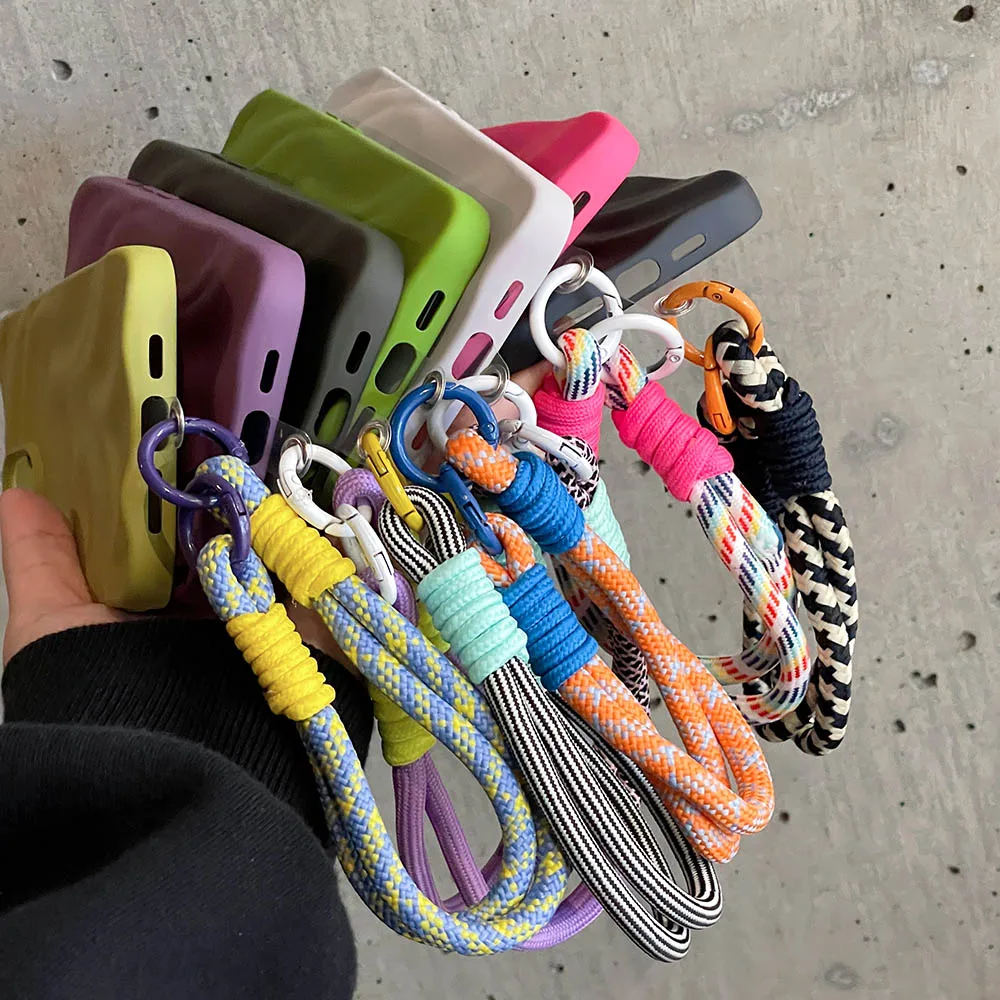 Wrinkle Pleats Colorful Lanyard Case for iPhone16 15 14 13 12  11ProMax Matte Case with Rope Cord Strap Protective Soft Cover