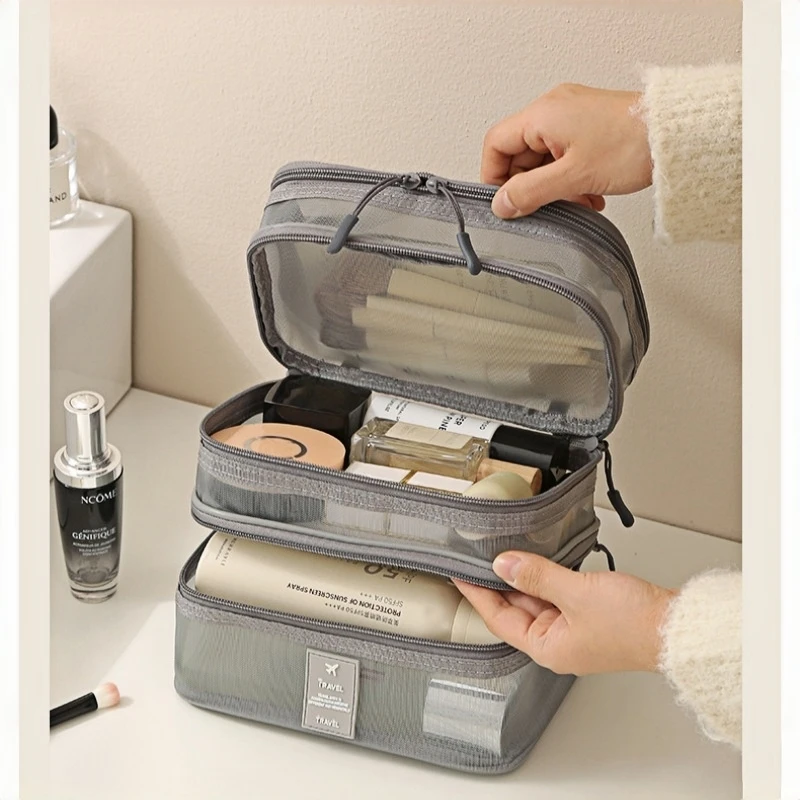 

Fashion Transparent Mesh Travel Cosmetic Bag Storage Multi Layer Portable Womens Toiletry Bag Large Capacity Bag Makeup