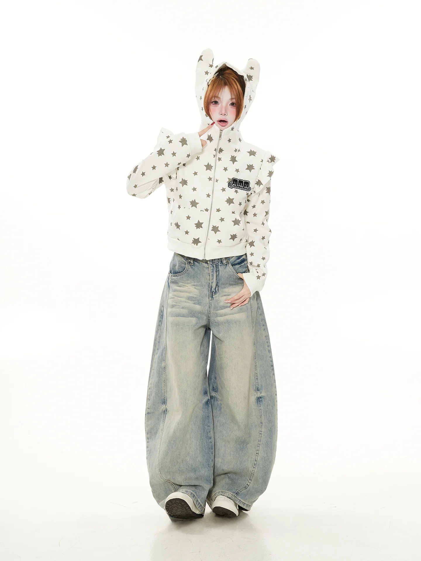 

Милый кардиган-свитшот с принтом звезд, женский, весна-осень, с уникальным дизайном ушей, с капюшоном, для повседневной носки