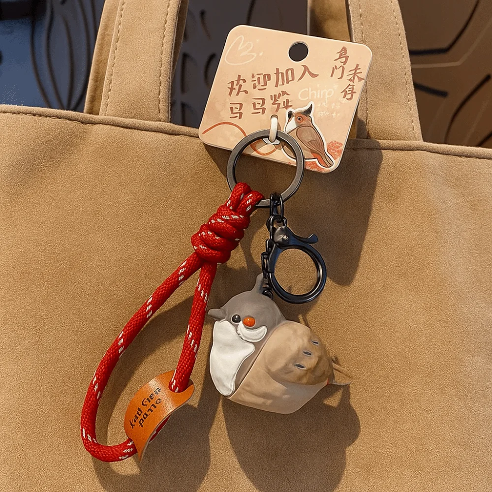 Cartoon Imitation Wood Carving Keychain Kawaii Grey Blue Tit Animal Key Ring Tree Sparrow Original Design Pearl Bird Keychain