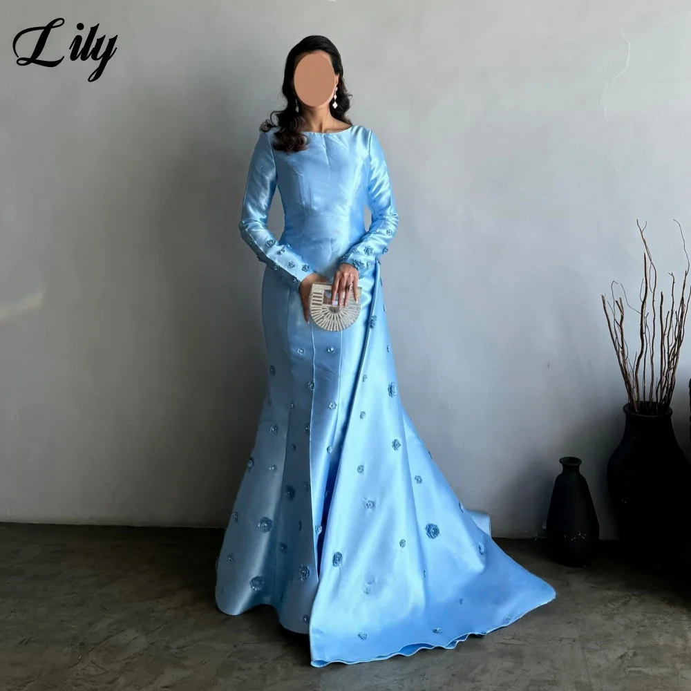 Lily Blue รอบคอชุดราตรีซาตินชุดราตรียาวชุด 3D ดอกไม้ Appliques Mermaid Train ชุดอย่างเป็นทางการที่กําหนดเอง