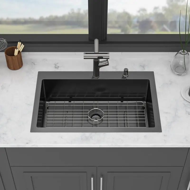 

30 Inch Drop-in Gunmetal Black Kitchen Sink with Pull-out Faucet & Soap Dispenser - 30x22x10 Inch Single Bowl 16 Gauge