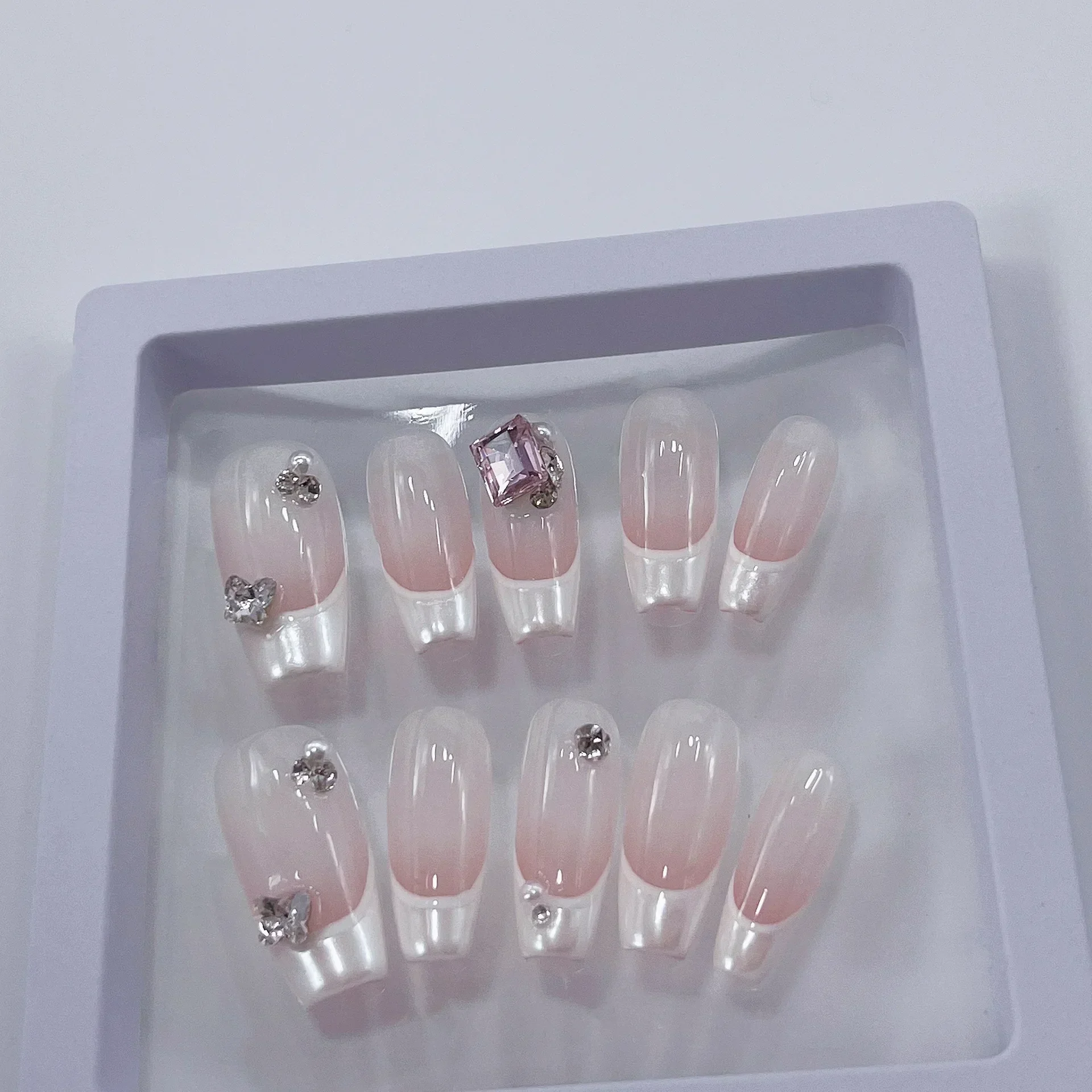 10pcs Simple coffin French Fake Nails with white edge Naked False Nails Detachable Full Cover Artificial Nails Press On tips