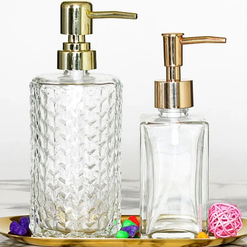 Glass Lotion Dispenser 400ml Stripe Pump Head Gold Bathroom Accessory Soap/Shampoo Storage Luxury Bathroom Fixture