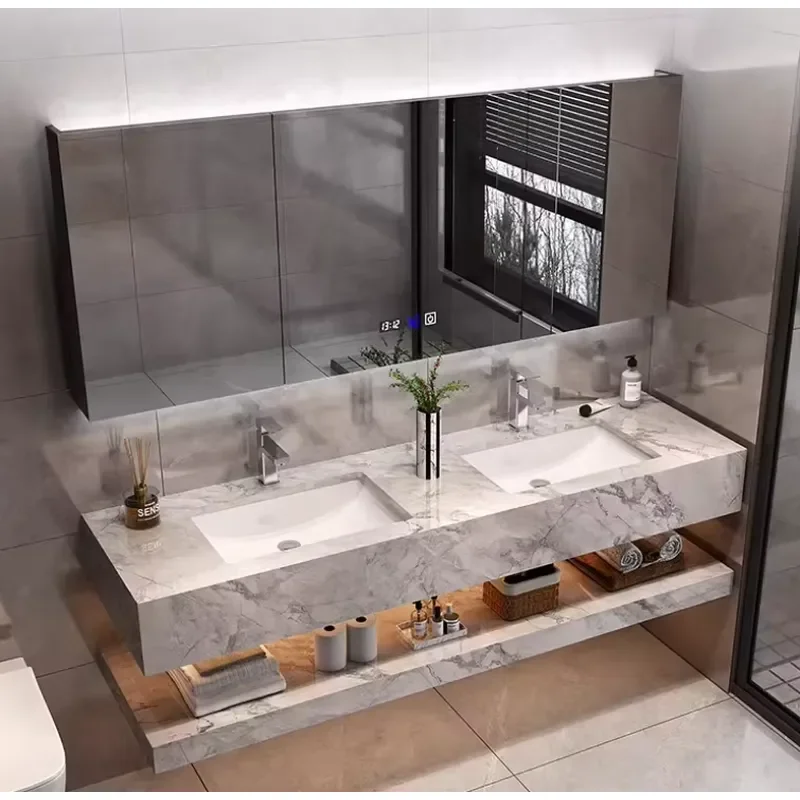 Modern Wall Mounted Double Basin Sink Cabinet with Marble Top Rectangular Floating Vanity Unit for Hotel Bathroom