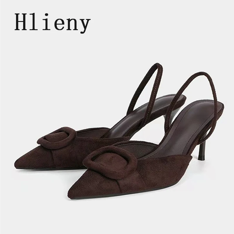 

Hlieny Ретро Коричневые женские туфли-лодочки из искусственной замши Модные сандалии на шпильке с квадратной пряжкой и острым носком Элегантные дизайнерские туфли на высоком каблуке Размер 42.