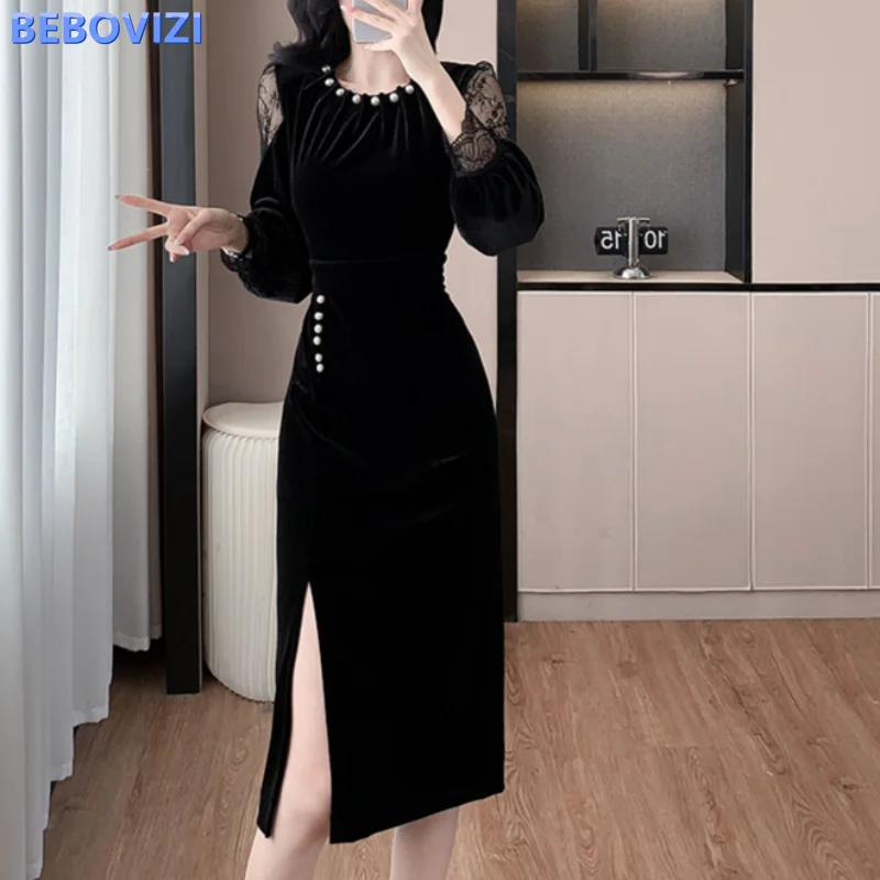 

2024 Long Sleeves Black Dress Autumn Fashion New Velvet sexy