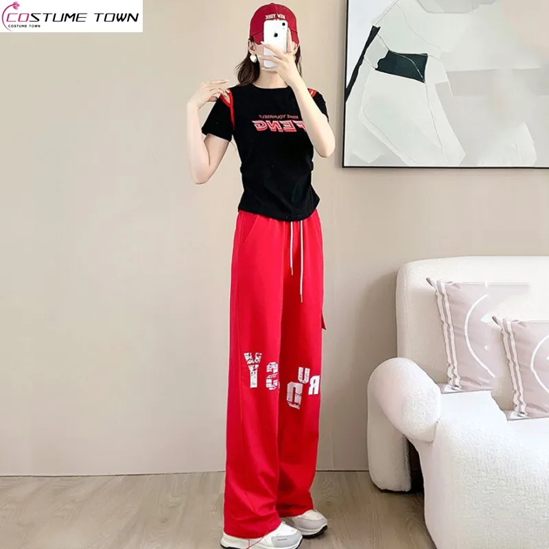 

Drag Dance Sports Leisure Set Women's Summer New Slim Short Sleeve+Fashionable Wide Leg Pants Two Piece Set Trendy