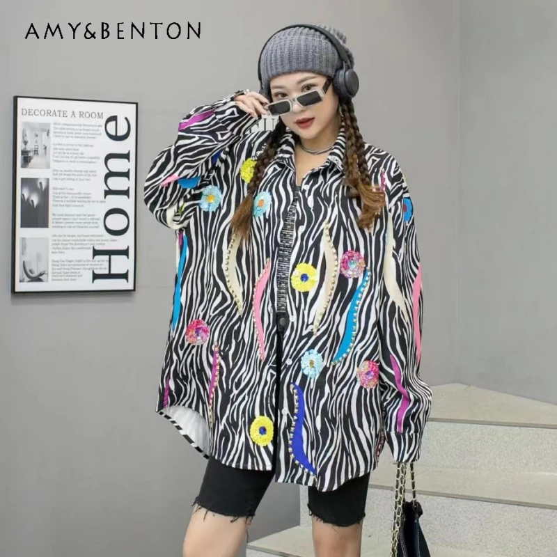 

Personality Heavy Industry Beads Fashion Long Sleeve Shirt Women's Mid-Length Loose Youthful-Looking Streetwear Camisas De Mujer