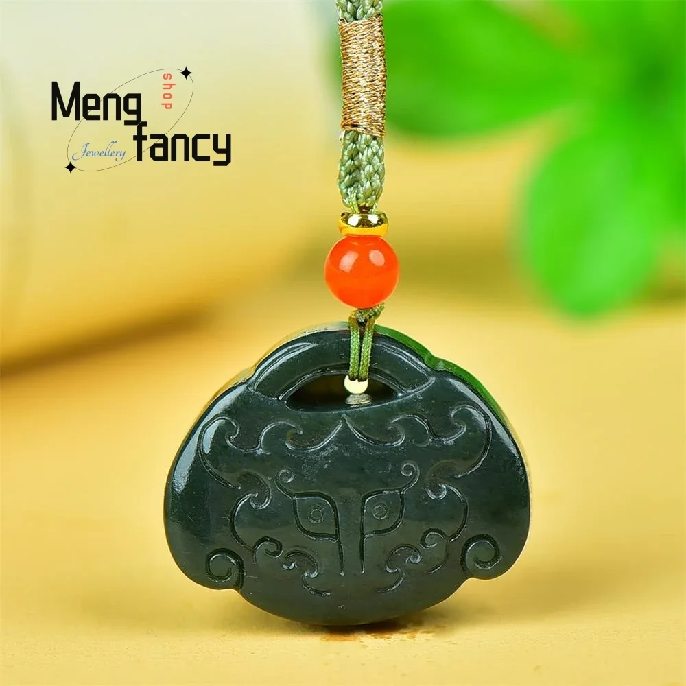 

Natural Hetian green jade Animal Face Peace Lock Pendant Exquisite Amulets Mascots Handicraft High-grade Luxury Fashion Jewelry