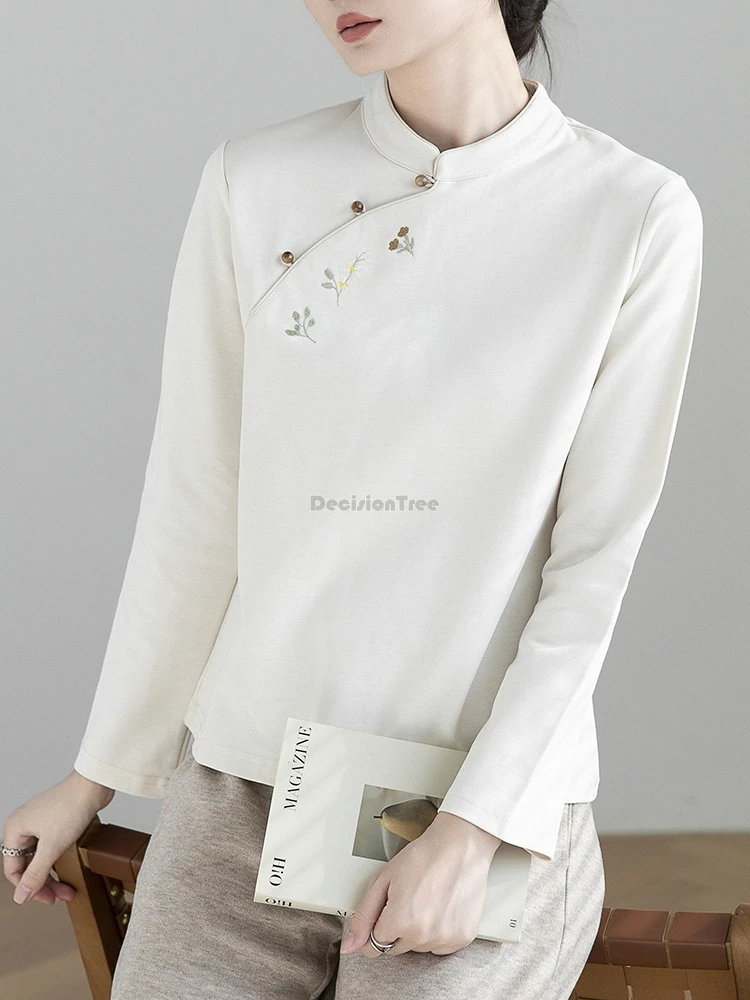 

2025 chinese national retro style new stand collar embroidered shirt for women long sleeve retro slanted lapel cheongsam top
