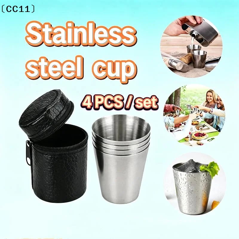 4pcs/set 30ML Stainless Steel Cups Set Outdoor Portable Glass Set With Leather Case Mini Glasses〔CC11〕