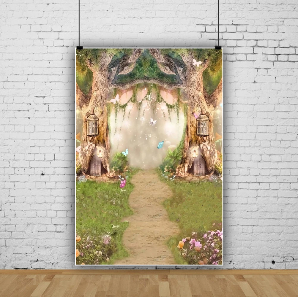 Enchanted Forest Backdrop Photography Banner Fairy Tale Mushroom House Photo Background Magic Door Butterfly Garden Party Decor