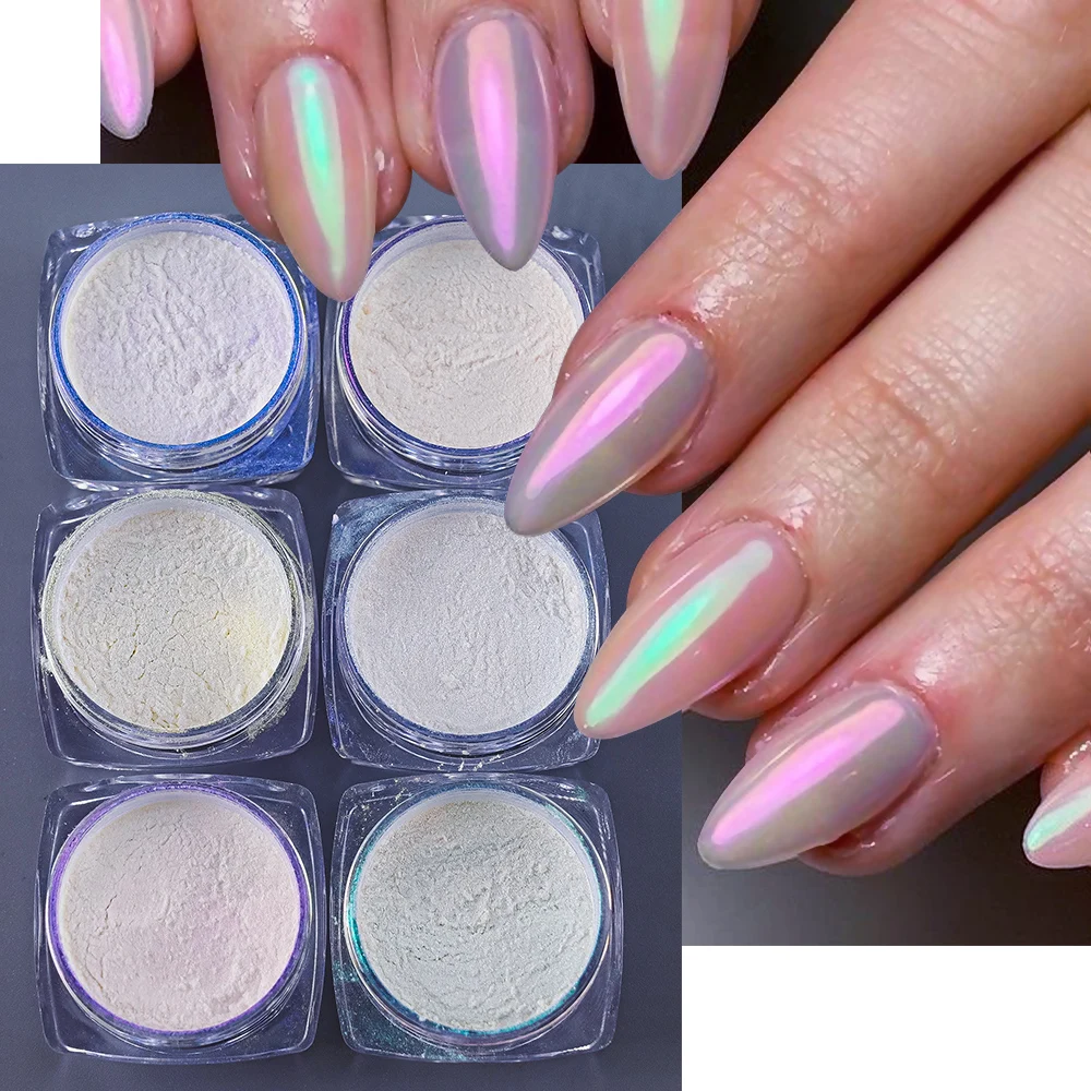 

6pcs/set Chrome Aurora Shell Pearl Nail Dust Magic Mirror Laser Nail Pigment Iridescent Moonlight Shell Glitter Powder Rubbing D