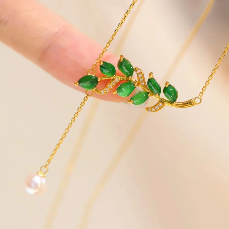 Natural Hetian jade leaf shape pendant pearl water drop tassel necklaces elegant gold color high-quality women's jewelry