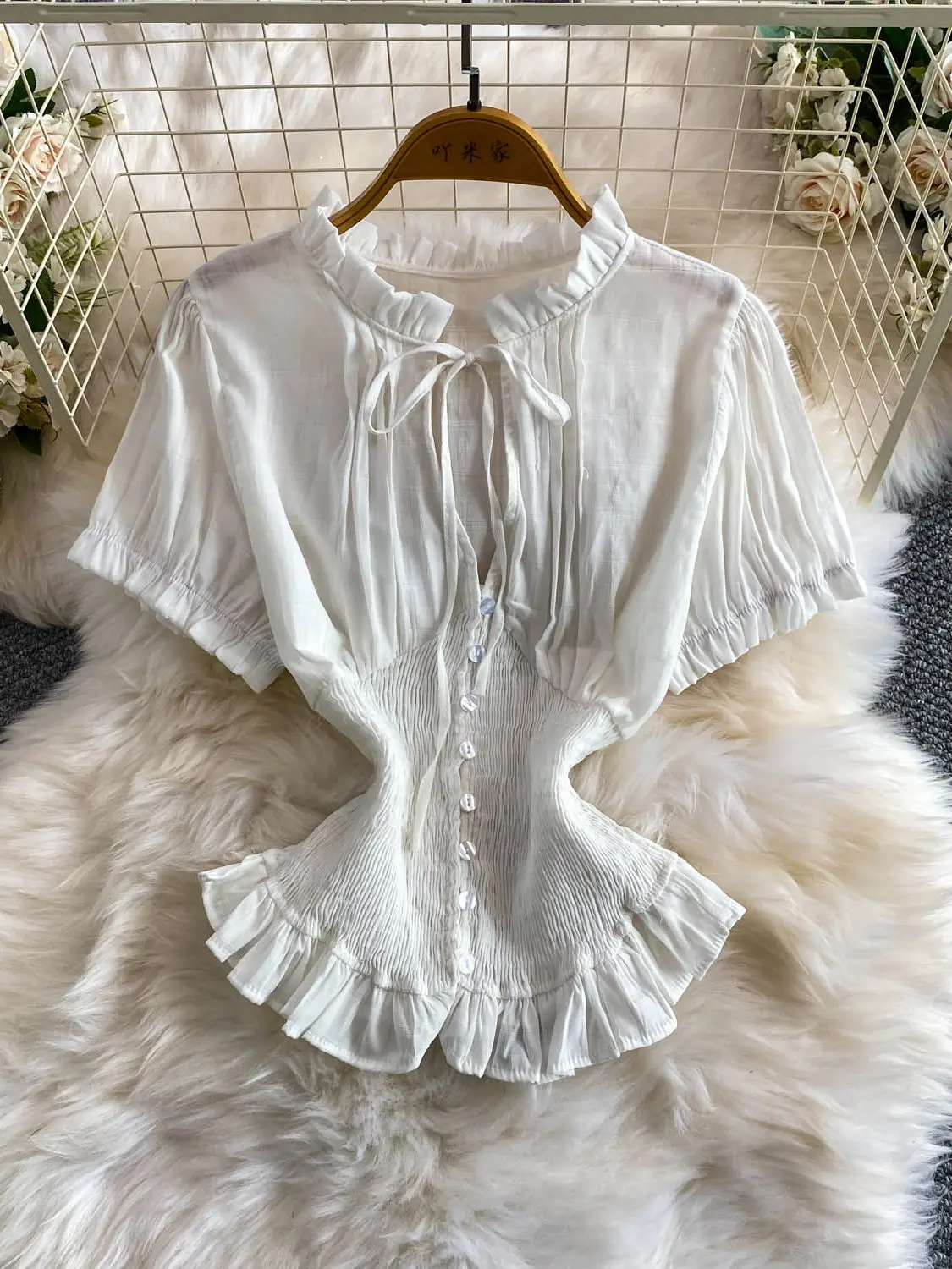 

Women's White Blouses and Shirts Elegant Vintage Korean Style Blouse Short Sleeve Crew Neck Lace-up Shirt for Women Summer 2026