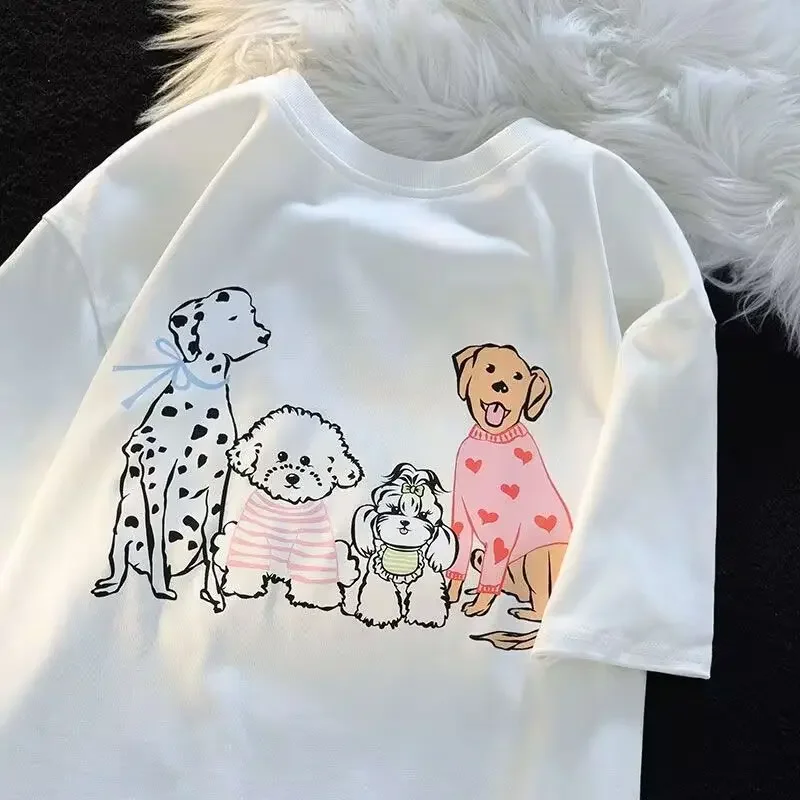 American High Street Vintage Chic Fun Cute Dog Short Sleeve T-shirt Women's Versatile Summer Top