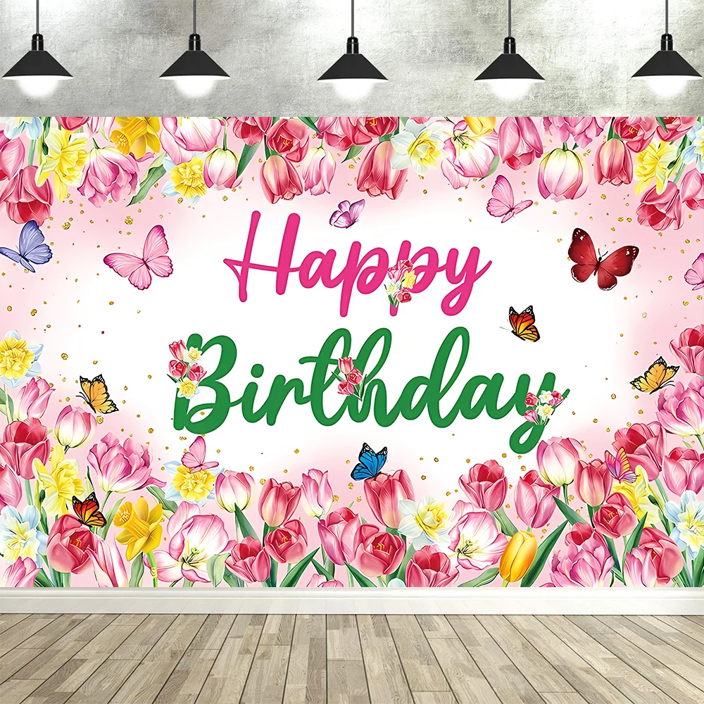 Dewprint Tulip Birthday Backdrop Pink Floral Butterfly Cherry Blossom Photography Background Girls Women Party Banner Decor Prop