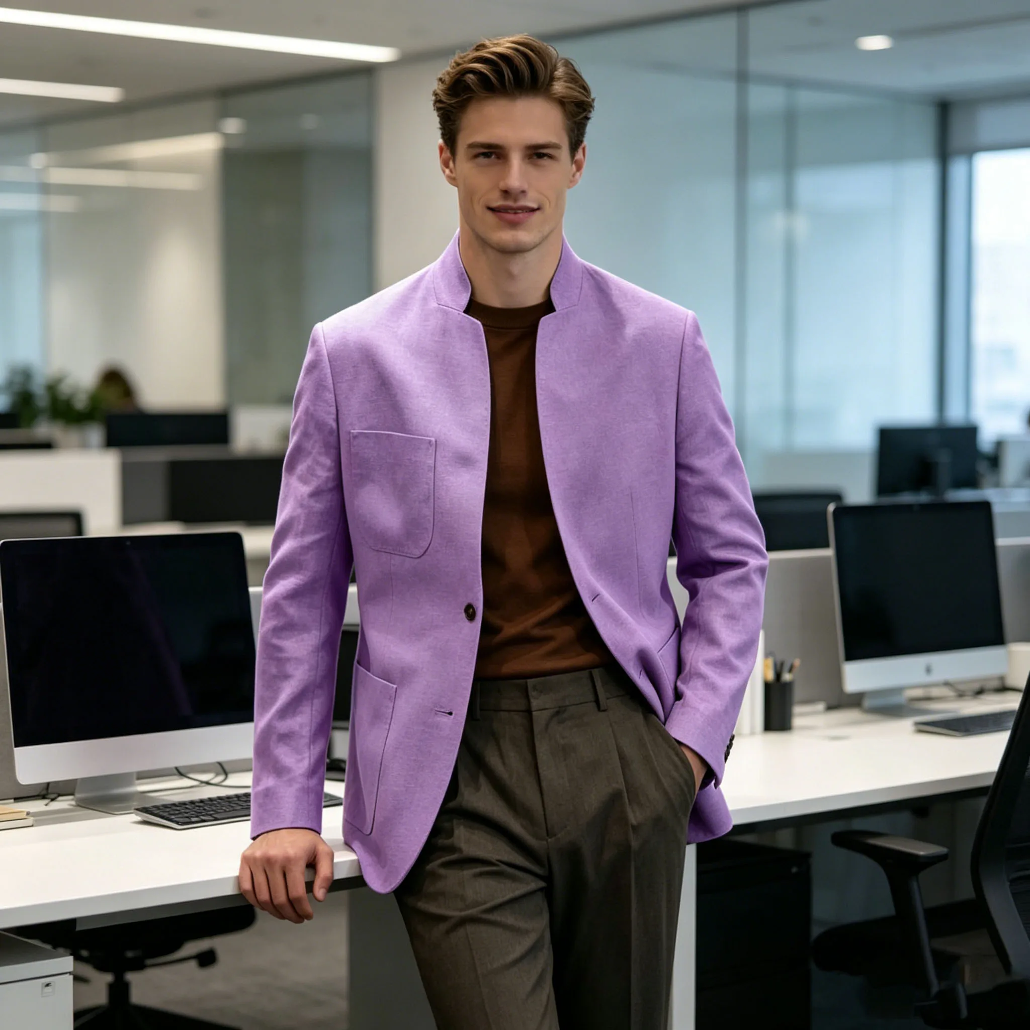 Men's Linen Blend Blazer Mandarin Collar Slim Fit 2 Button Breathable Lightweight Soft Summer Casual Jacket for Business Party