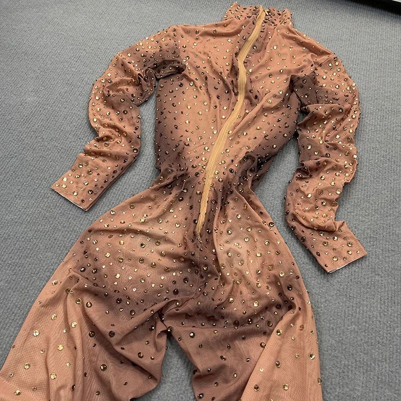 بذلة نسائية من حجر الراين اللامع ، رومبر شبكي شفاف ، أكمام طويلة ، حفلة نادي ليلي بحزام ، حفلة ليلية مثيرة