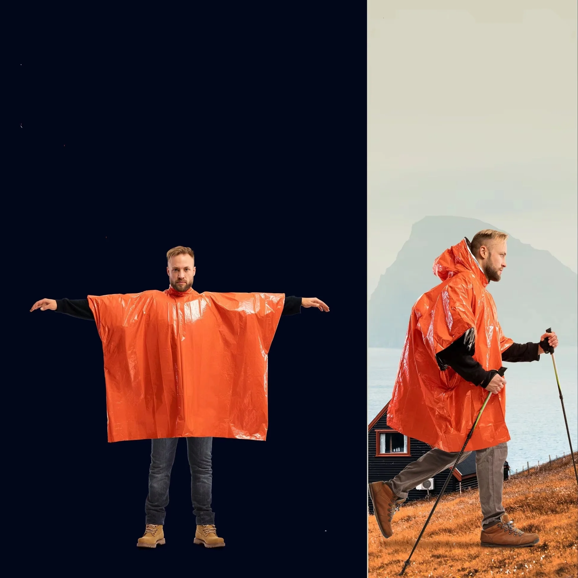 4 عبوات من معطف المطر في حالات الطوارئ مع غطاء محرك السيارة، PE، بطانيات بقاء مقاومة للماء لمعدات التخييم