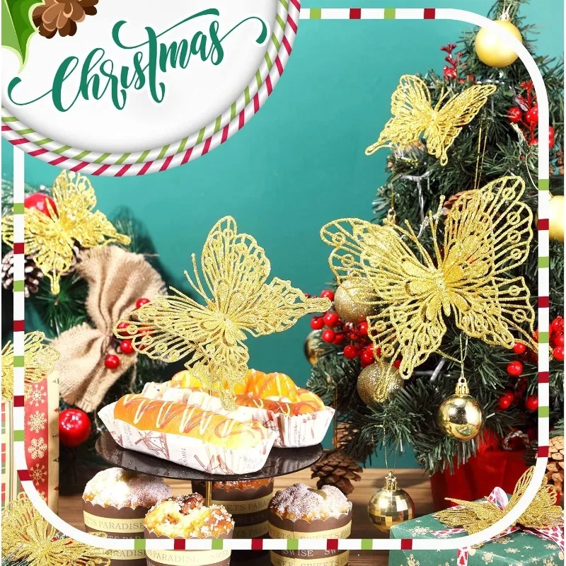 5/10 Stück glitzernde Schmetterlinge, Weihnachtsdekoration, Weihnachtsbaum, funkelnde Schmetterlinge, hängende Ornamente, Heimdekoration, Neujahr 2025, Geschenk – Detail 5