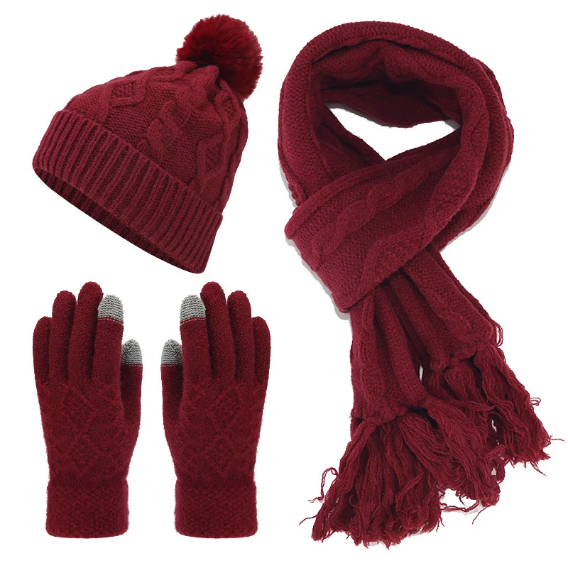 Winter Women Hat Scarf Gloves 3pcs/Set Twisted Ribbon Tassel Scarf Touchscreen Gloves Hair Ball Hat Fleece-lined Keep Warm Set