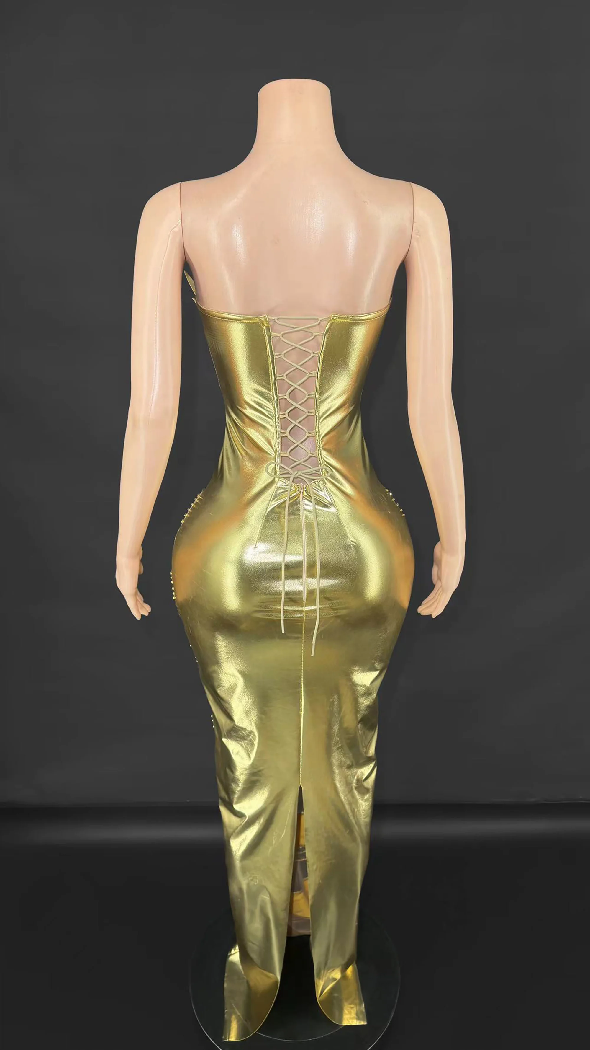 "ZD Sexy Golden Bodycon Dress – Luxury Metallic Corset Evening Gown with Sheer Mesh Details for Club & Performance"