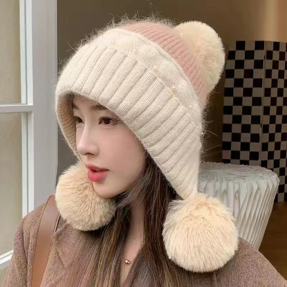 

Fashion Solid Color Woolen Knitted Cap Windproof Knitted Beanie Hat Ball Cold-proof Ear Protection Hat Daily