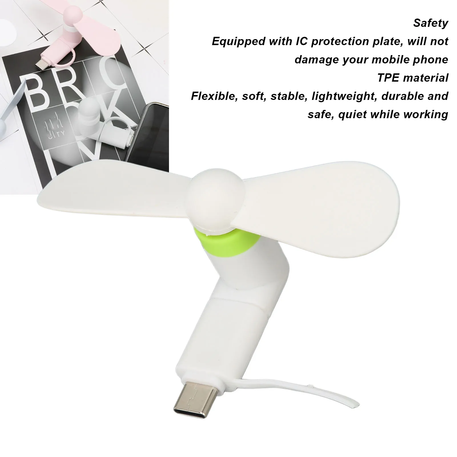 Mini Cell Phone Fan 2 in 1 Smartphone Fan Compatible with USB Type C Interfaces White Phone USB Fan 2 in 1 Phone Fan