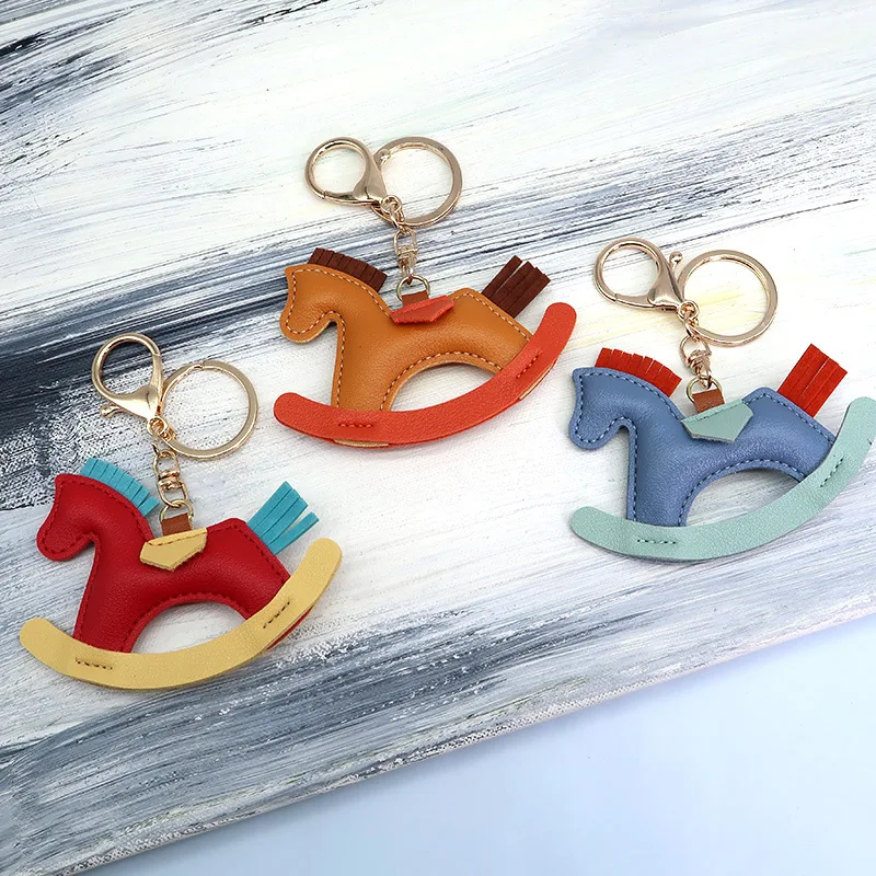 Women Leather Charms Bag Pendant KeyChain Cartoon Pony Rocking Horses Keyring Cute Animal Ornament Accessories Decoration Gift