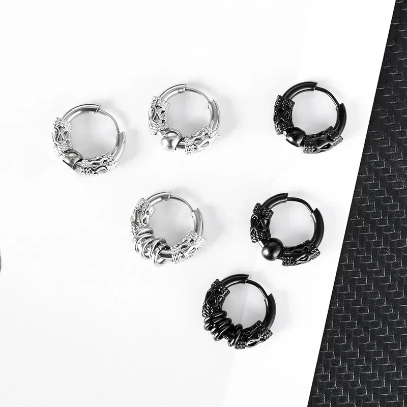 1Pair Punk Stainless Steel Round Circle Totem Hoop Earrings for Men Women Not Fade Ear Rings Hip Hop Male Jewelry