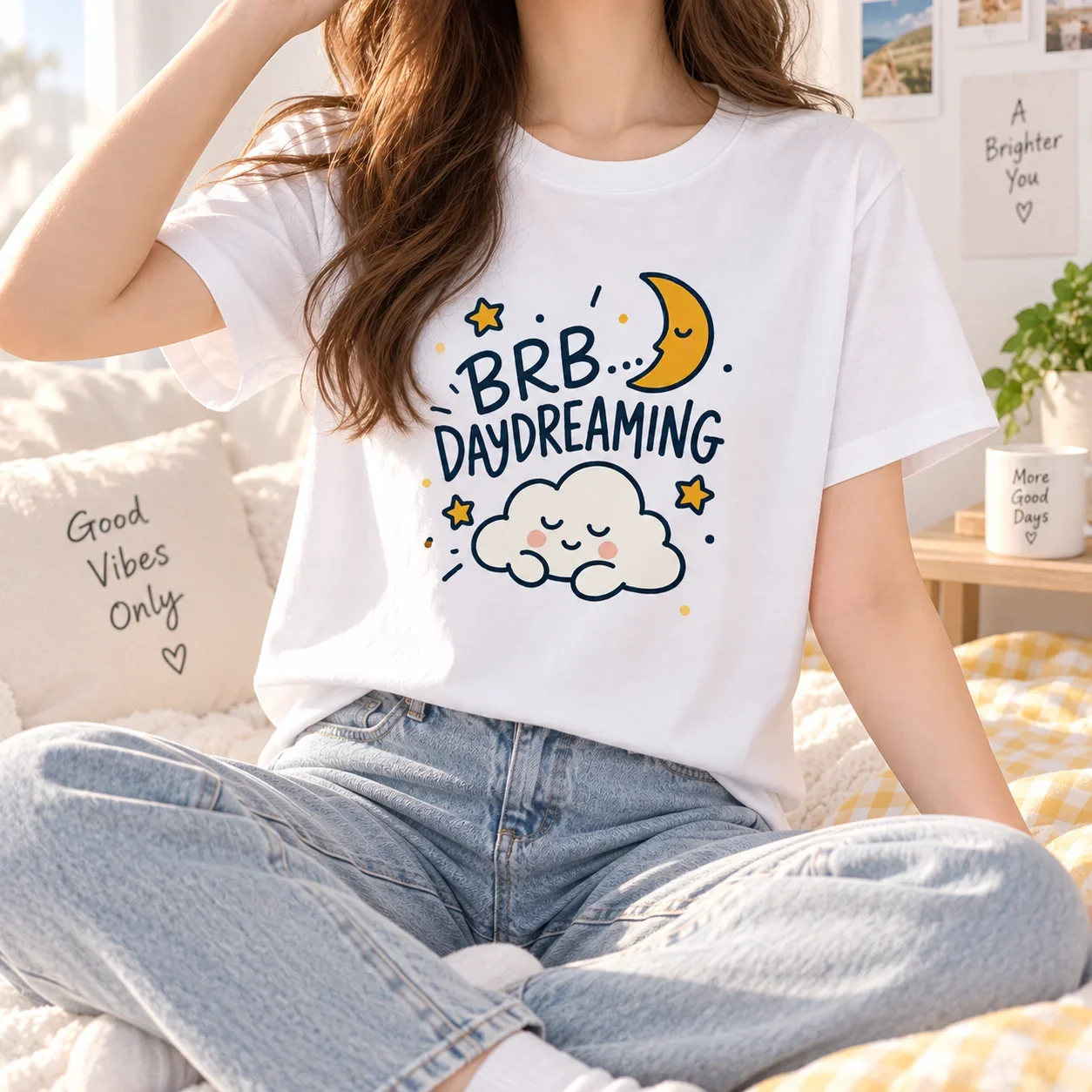 Women T-SHeavyweight  Brb Daydreaming Graphic Tee, Cute Moon Cloud Print, Casual Summer Top
